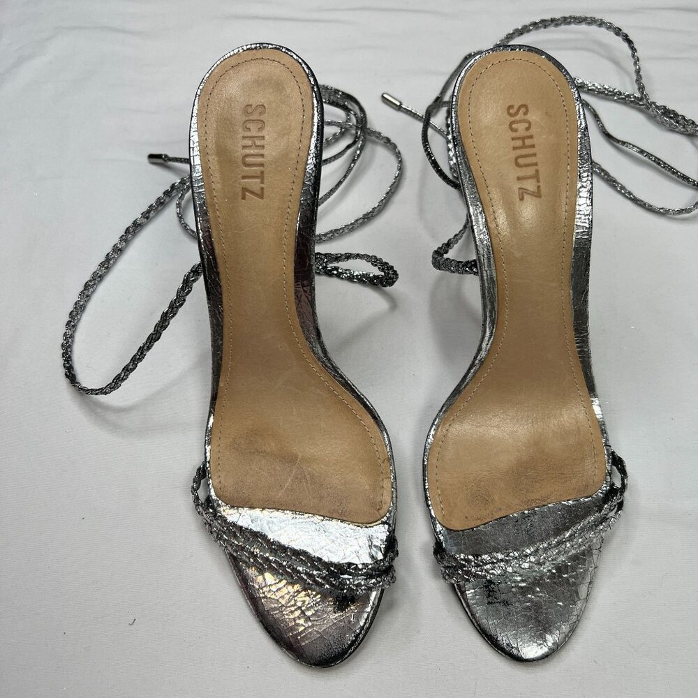 Schutz Silver Snake Strappy Heel Stiletto Sandals Ankle Wrap Metallic 10 - Picture 5 of 9